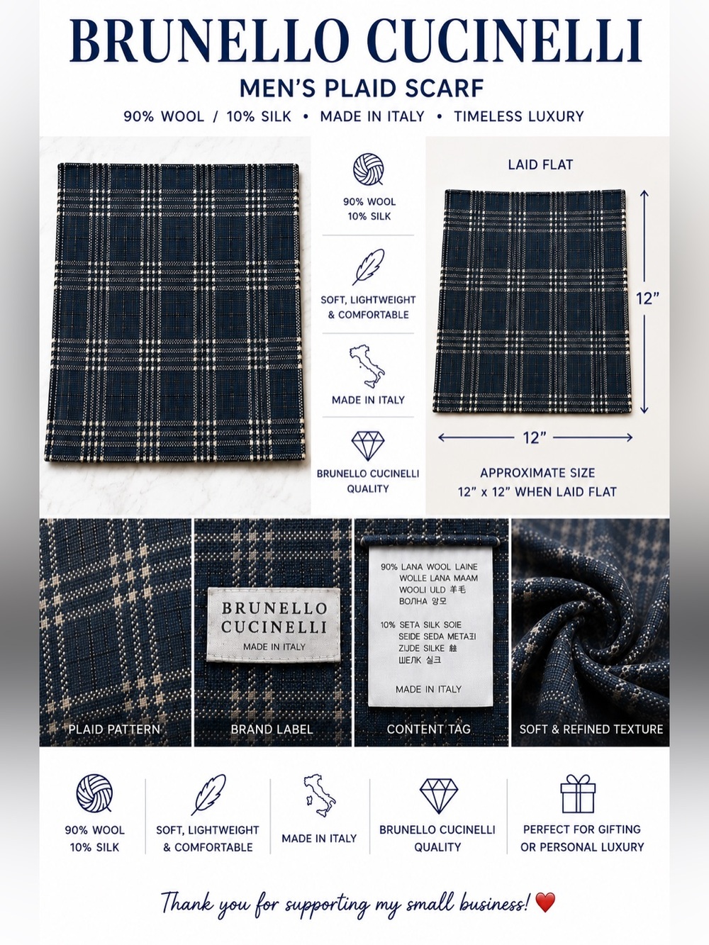 Brunello Cucinelli Men’s Plaid Scarf Wool Silk Gray Blue Made Italy 12” x 12”